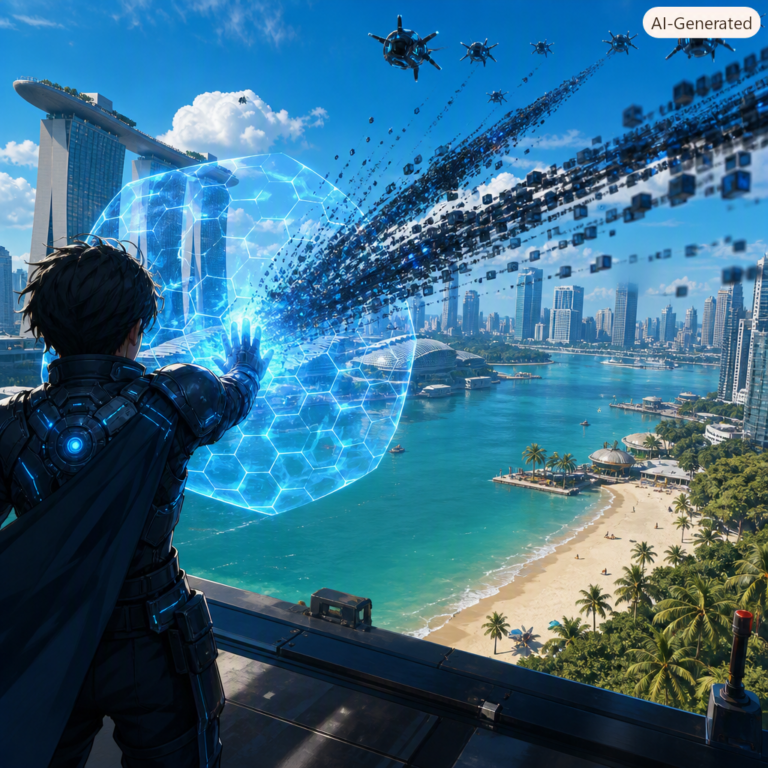 Cyber guardian shielding Singapore Marina Bay skyline from AI-driven threats