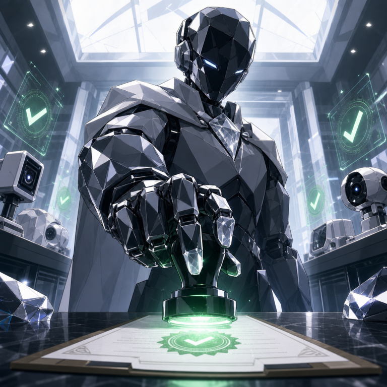 Singapore AI Tester Accreditation Programme — a robotic inspector certifying tested AI systems in a lab