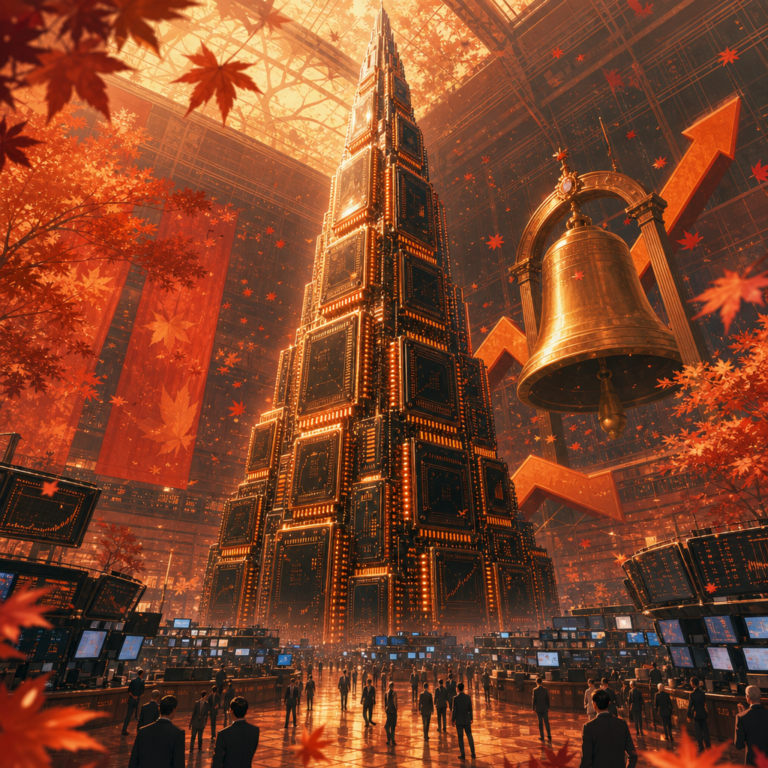 SK Hynix Nasdaq debut shown as a skyscraper of stacked HBM memory chips on a trading floor