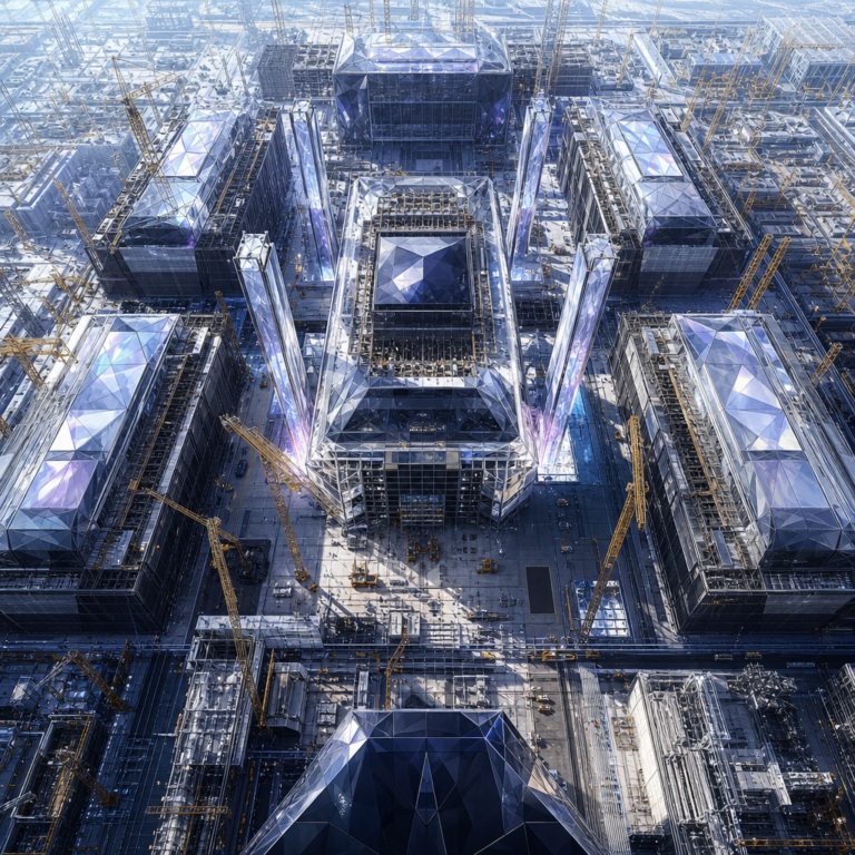 South Korea semiconductor and AI data center mega buildout, crystalline fabs rising in a grid