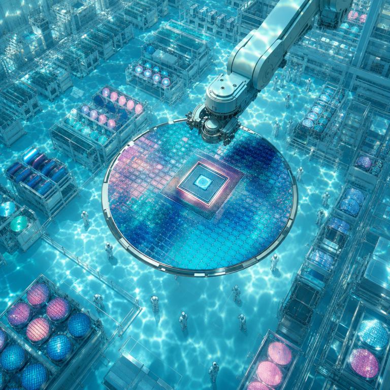 TSMC record revenue, glowing silicon wafer in a foundry cleanroom lifting AI accelerator chips