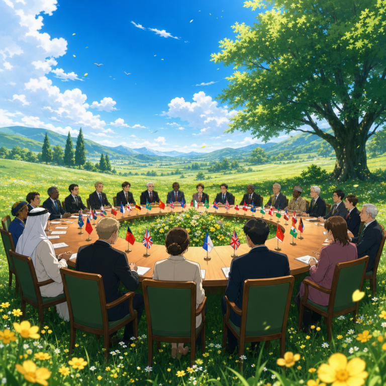 Diplomats at a round table ringed by national flags in a green meadow, evoking the UN Global Dialogue on AI Governance