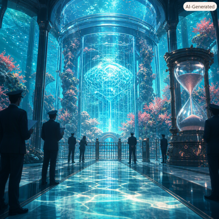 Frontier AI model sealed behind a government inspection gate with a countdown hourglass