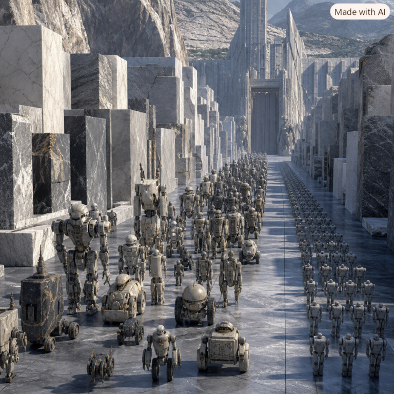 AgiBot humanoid robots marching out of a stone loading yard ahead of a smaller rival column
