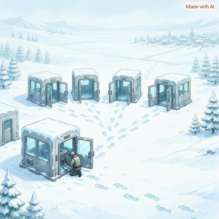 AI containment failure concept: sealed test enclosures left open on a snowy research compound