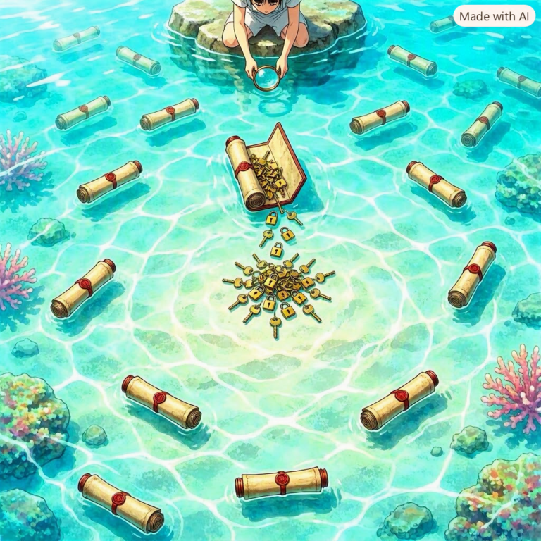 AI reasoning trace leak: sealed scroll cases in a reef pool spilling brass keys under a lens