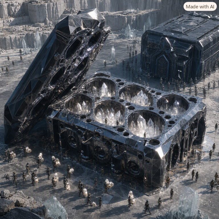 Open crystal engine block in a quarry as figures carry quartz fragments out past a sealed obsidian vault