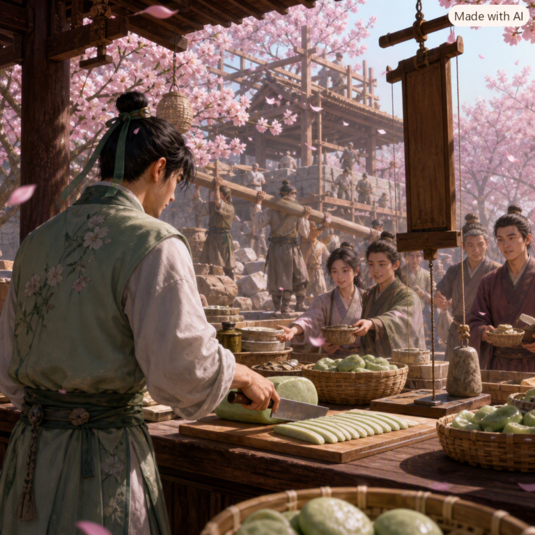 Alibaba share placement: merchant slicing one cake into many thin pieces at a blossom market stall