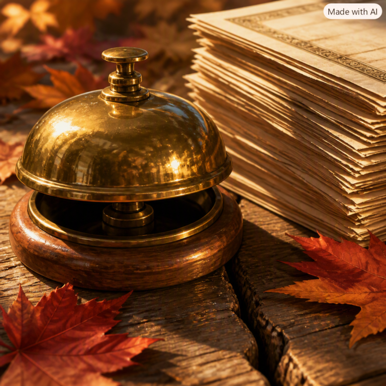 Anthropic IPO concept: brass exchange bell on an autumn table beside a towering stack of share certificates