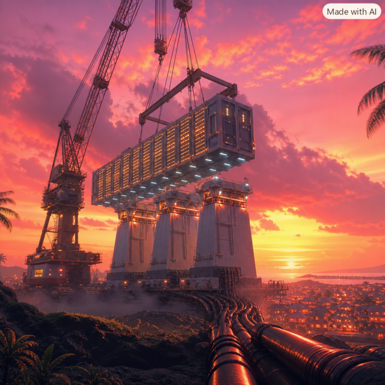 Anthropic data centers: crane lifting a glowing compute hall onto foundation blocks at sunset