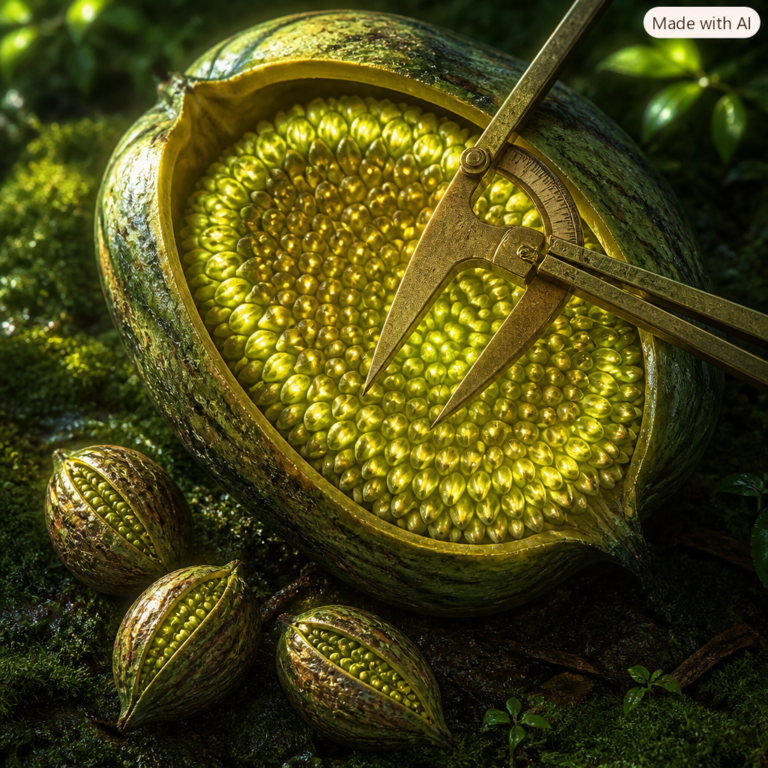 ByteDance AI model scale concept: one giant seed pod dwarfing three smaller pods on a forest floor