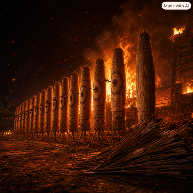 Claude protein design result shown as fourteen of fifteen archery targets struck dead centre by firelight
