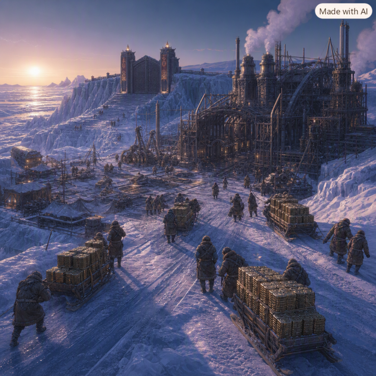 Arctic camp hauling sledges toward a half-built engine hall, marking the DeepSeek funding round