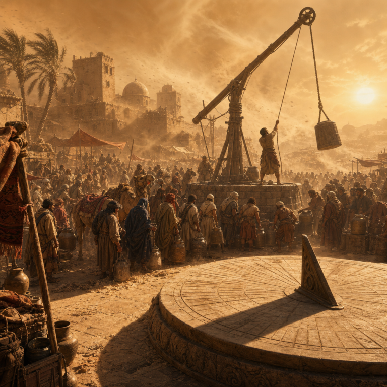 DeepSeek price increase, traders queue at a desert water pump as its counterweight is hauled up