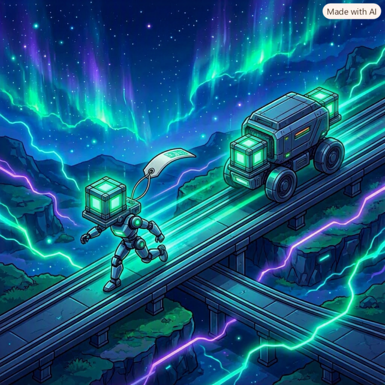 DeepSeek V4 Flash: small courier robot racing ahead of a much larger freight hauler carrying the same cargo