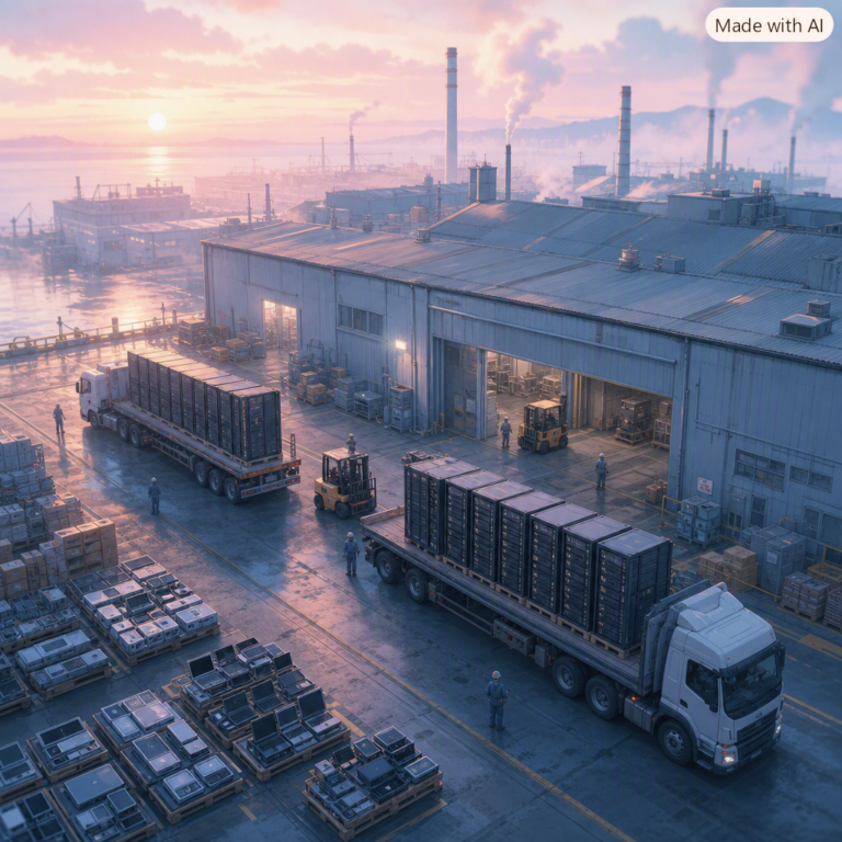 Foxconn AI servers loaded onto trucks at a pastel dawn factory yard, consumer devices left on the dock