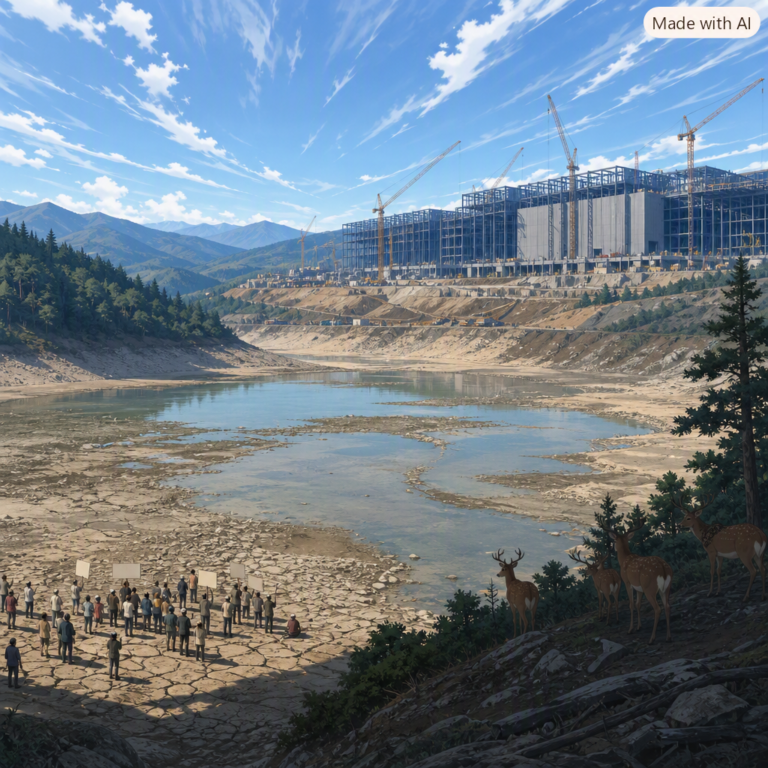 Google India AI data center rising above a drained reservoir as villagers protest