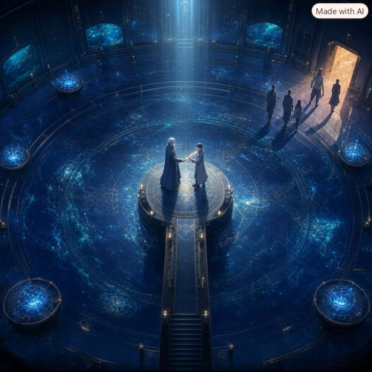 Demis Hassabis DeepMind leadership handoff, baton passed in a circular research hall