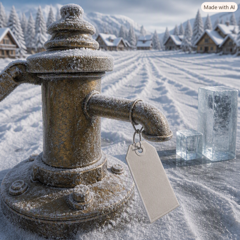 Hugging Face sale: frost-covered well-head with an auction tag and two ice blocks in snow