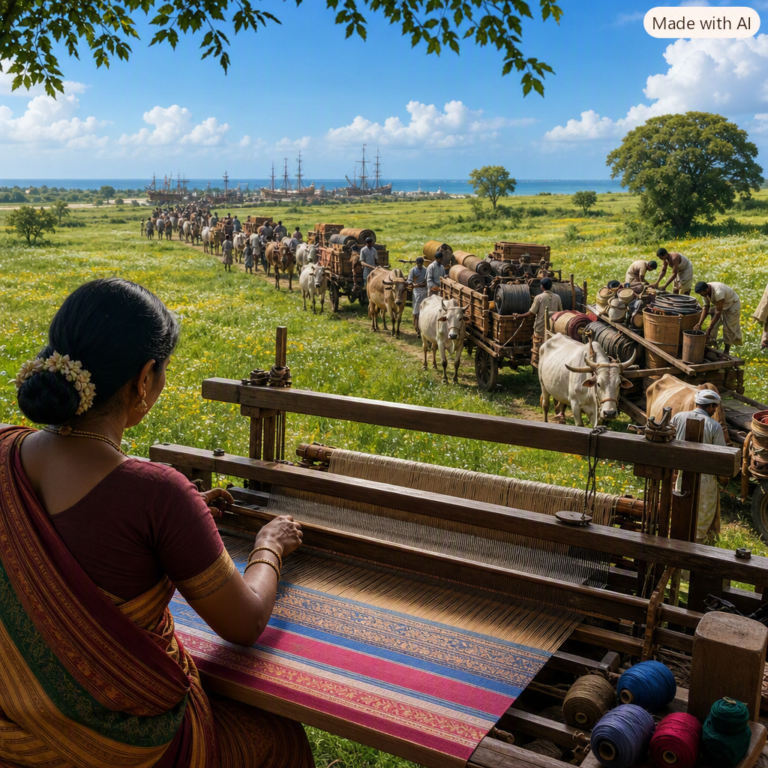 India sovereign AI on imported silicon: a weaver at a handloom while carts unload every part from a port road