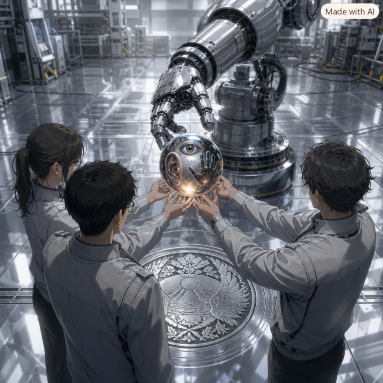 Engineers handing a robotic arm a fused sensor orb on a Japanese factory floor, Japan physical AI