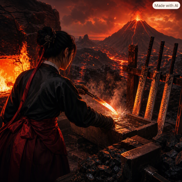 Korea sovereign AI as four forged blades at a volcanic forge, smith quenching the fourth