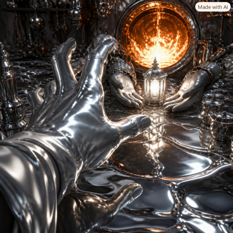 Nvidia Rebellions talks: a large hand reaching for a small efficient silver lantern held by smaller hands