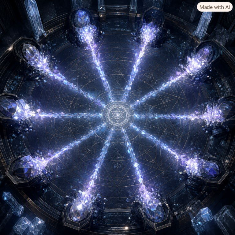OpenAI Astra open math problems: ten crystal locks cracking open around a slate floor of chalk symbols