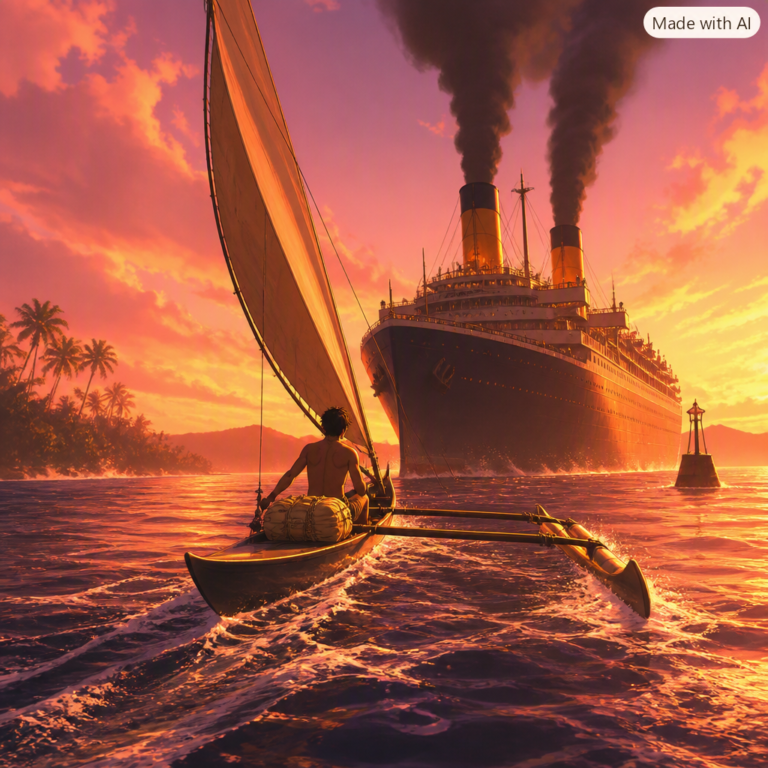 OpenAI Jalapeno chip efficiency: small sailing canoe outpacing a huge coal-burning steamship at sunset