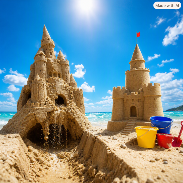 Two sandcastles on a beach, one sagging into a widening trench as the other rises solid