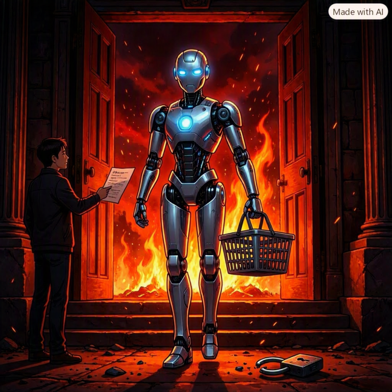 AI courier robot leaving a courthouse with a shopping basket after the Perplexity Amazon ruling