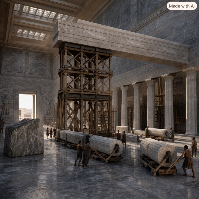 SoftBank OpenAI bond refinance: marble hall where stone piers replace a temporary scaffold under a huge span