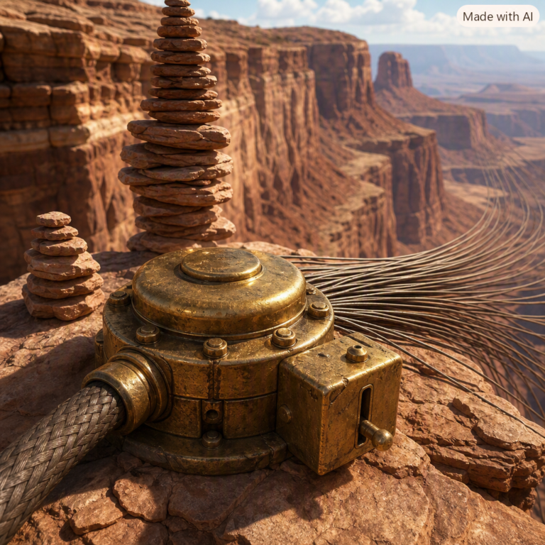Stripe OpenRouter acquisition: a brass junction plug on a canyon ledge fanning out into hundreds of cables
