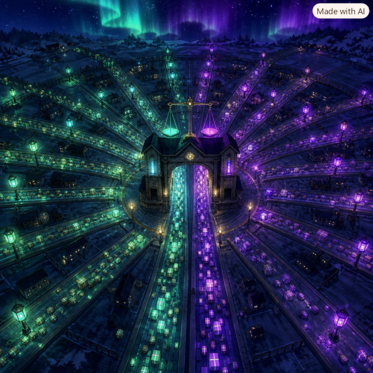 Stripe OpenRouter acquisition, night sorting yard with a toll gatehouse under auroral light