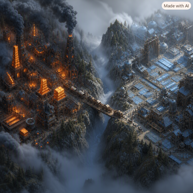 Taiwan Korea AI chip supply chain, two valley towns joined by a narrow smoke-hazed mountain pass
