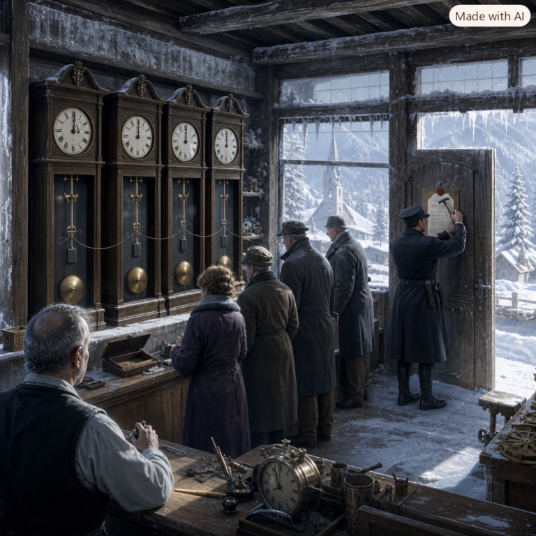 AI slowdown lawsuit: four pendulum clocks in an alpine workshop weighted by lead blocks hung from one shared wire