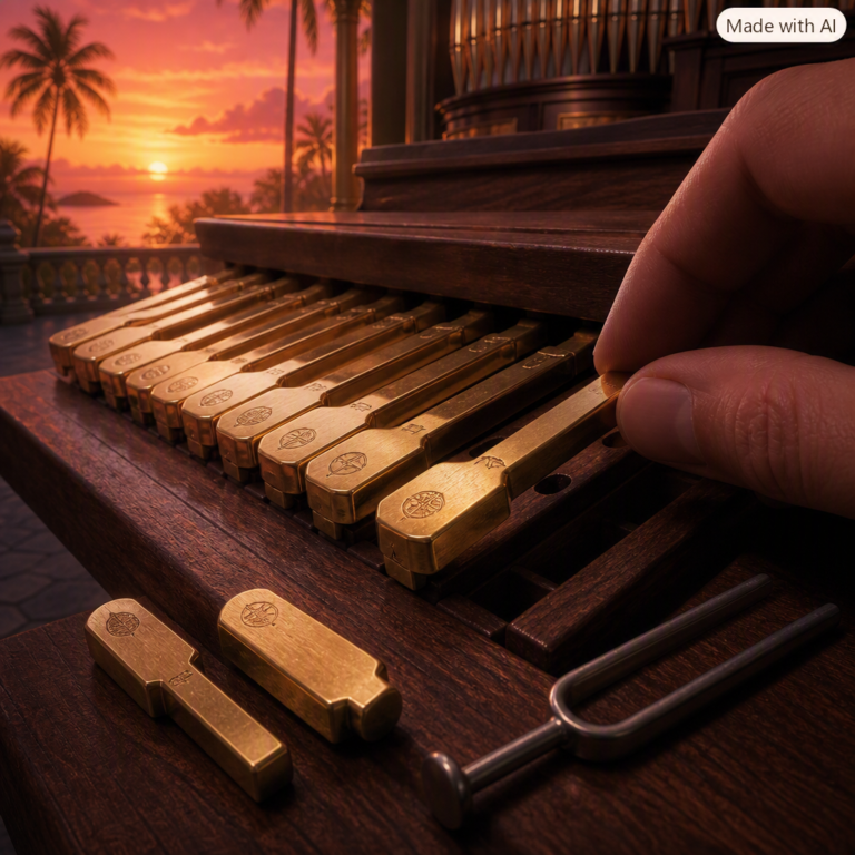 PyTorch Foundation China: hand fitting a differently stamped brass key into one shared organ keyboard at dusk