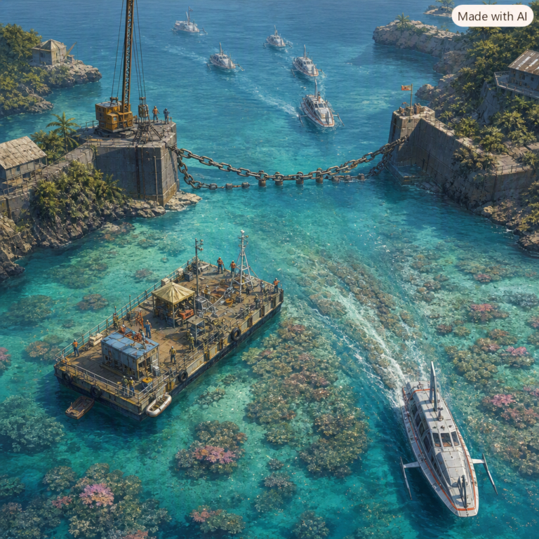 Chain boom lowered across a reef harbour to slow a line of hydrofoils while a survey barge charts below