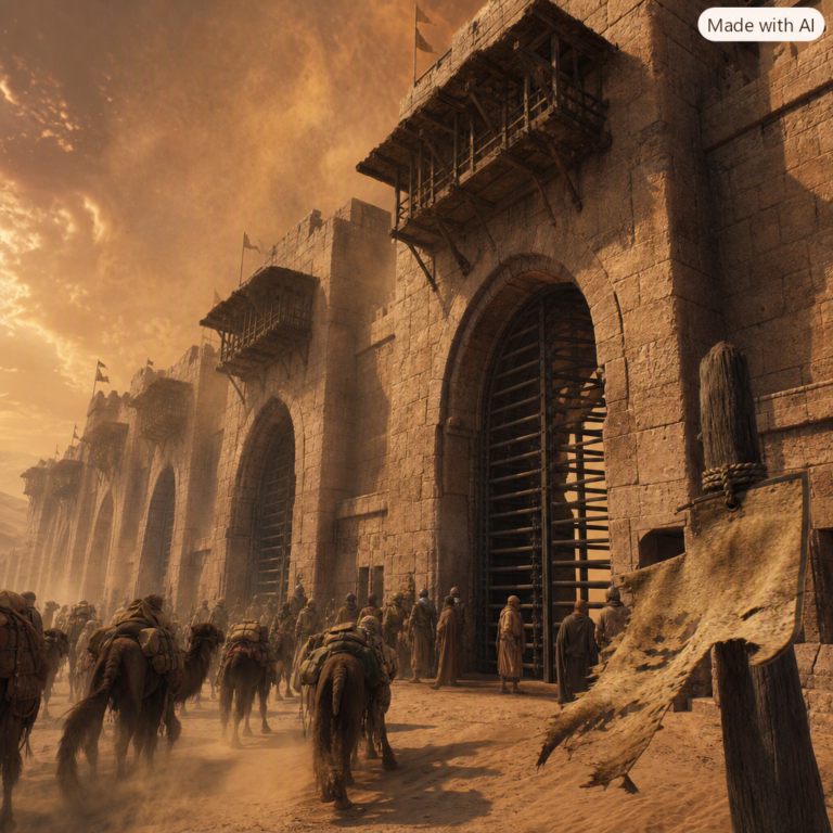 Desert caravanserai gate towers fitted with iron turnstiles as halted camel trains wait outside
