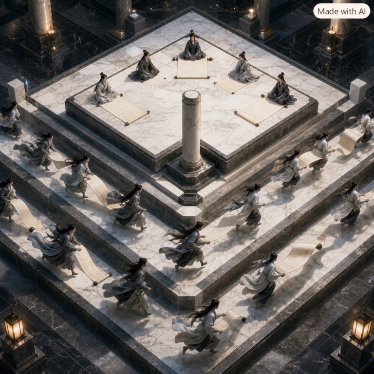 PISA 2025 Asia results: tiered marble courtyard where a top tier reads scrolls flat while lower tiers rush past trailing them