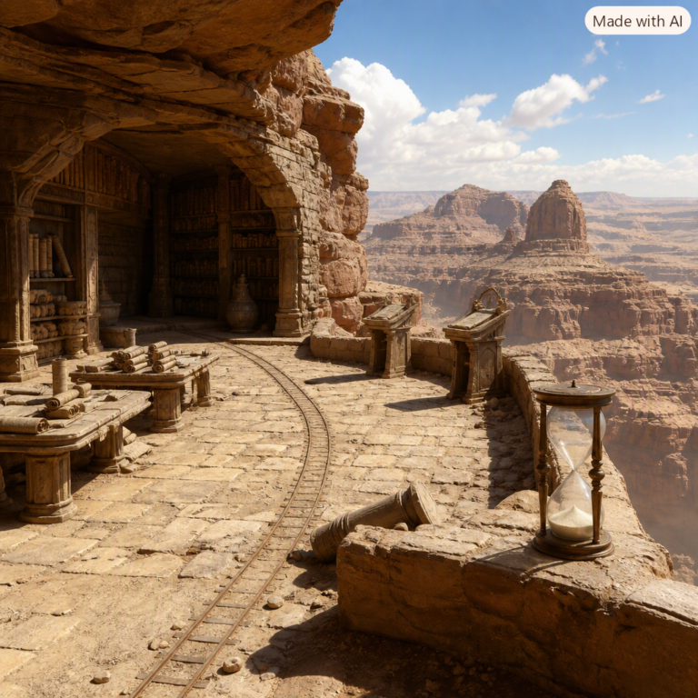 Australia AI inquiry: mechanical wheel tracks crossing a canyon records terrace into a restricted archive alcove