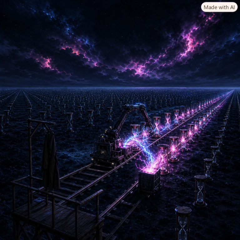 Autonomous AI agents attack: unmanned machine tipping ranks of hourglasses across a dark plain beside an empty operator post
