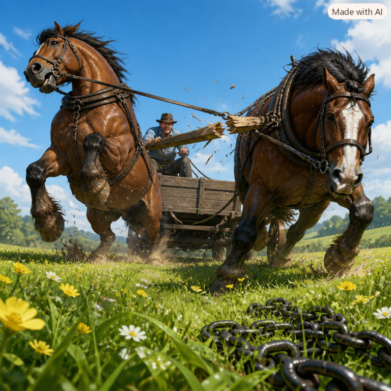 China AI slowdown: two draft horses in a shared yoke, one reined back and one straining forward as the yoke splinters