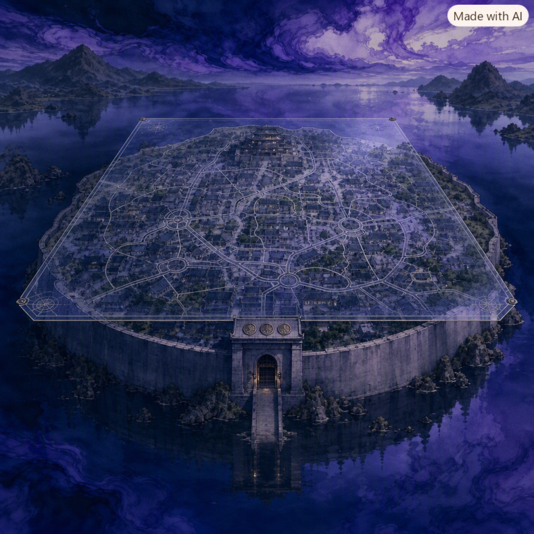Walled island citadel with an engraved street map over it, evoking Cisco Palantir sovereign AI control