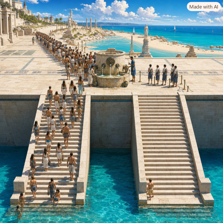 Claude Fable 5.1 and Mythos 5.1, twin staircases into a turquoise basin, one open and one gated