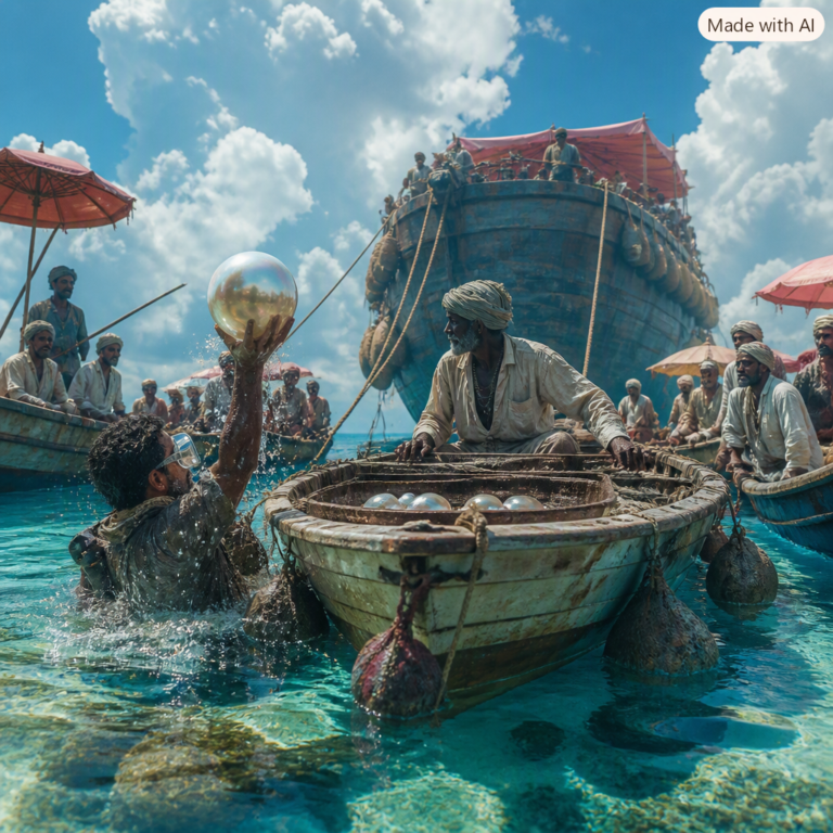 DeepSeek revenue: a pearl diver surfacing beside a patched skiff holding one outsized pearl as buyer boats crowd close