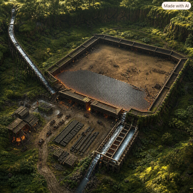 DeepSeek Huawei Ascend cluster as a vast hall being tiled with bricks from a local kiln