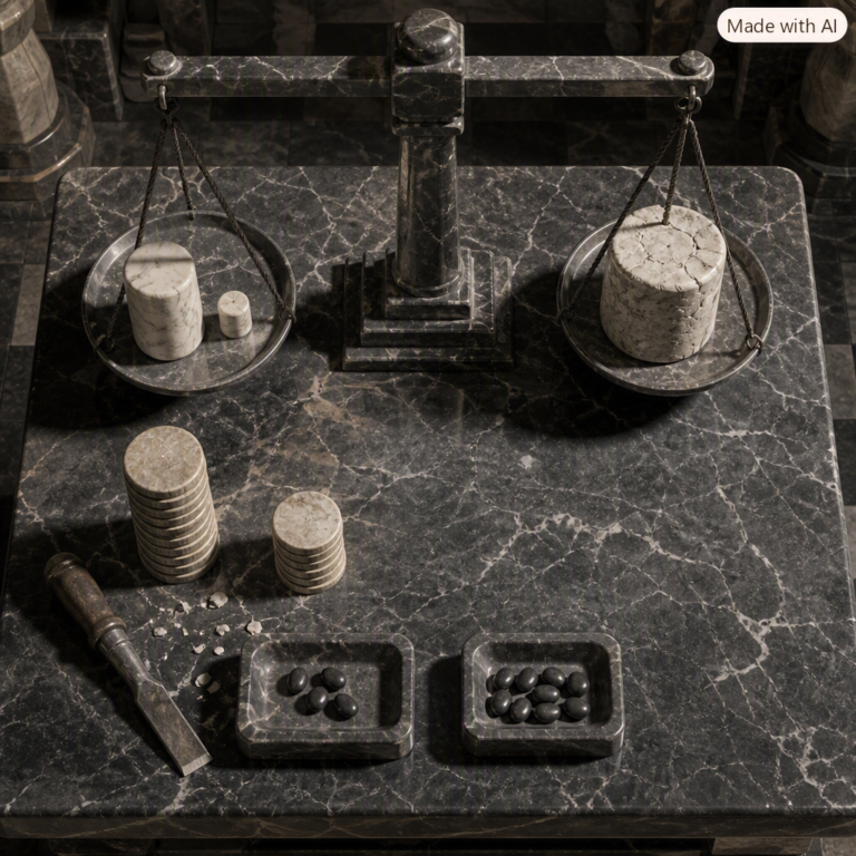GPT-6 Sol pricing cut shown as marble weights on a balance beside a halved stack of coins