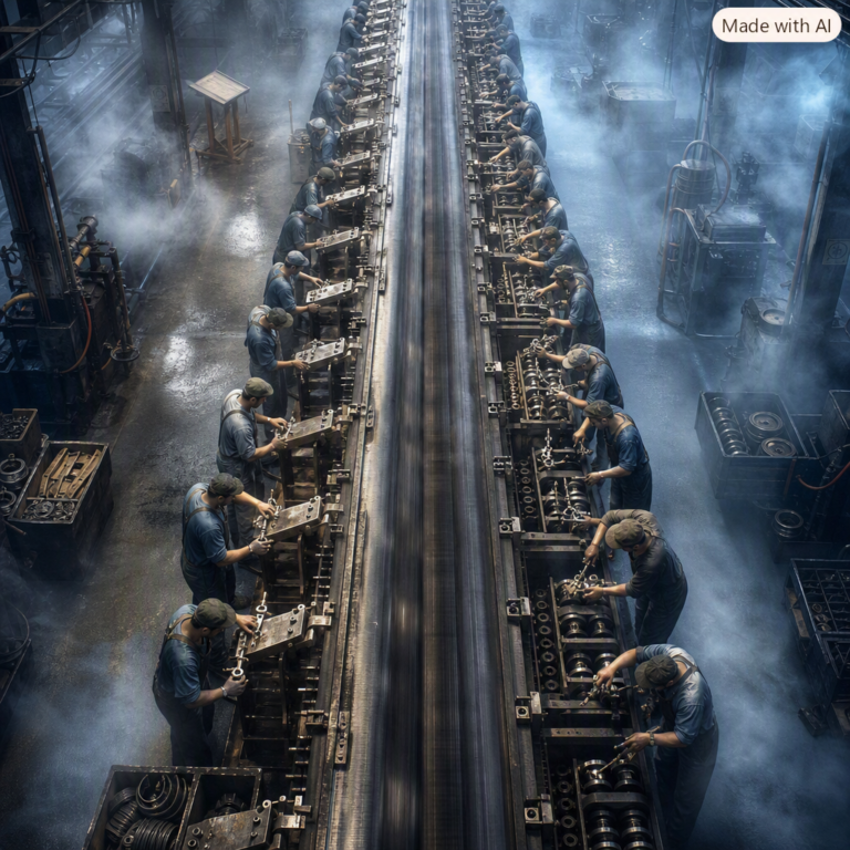 AI slowdown debate depicted as two crews adding and removing brakes on one running conveyor