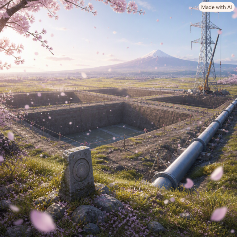 Korea memory chip cluster: four staked foundation pits on a green plain with a water main and power pylon raised first